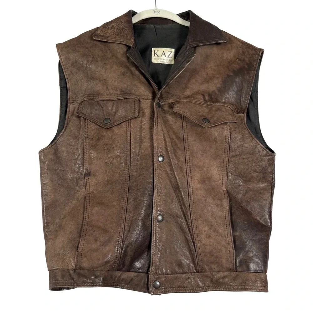 Vintage KAZ Mens Brown Genuine Leather Vest New Zealand Biker Trucker Western L